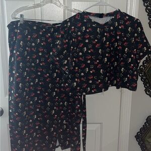 Black and floral midi skirt and crop shirt